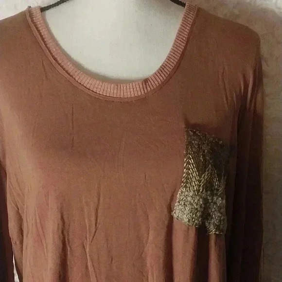 Brown and Tan French Terry Mixed Fabric Henley Top Size M - Picture 2 of 8